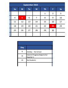 District School Academic Calendar for Adams ELEM. for September 2022