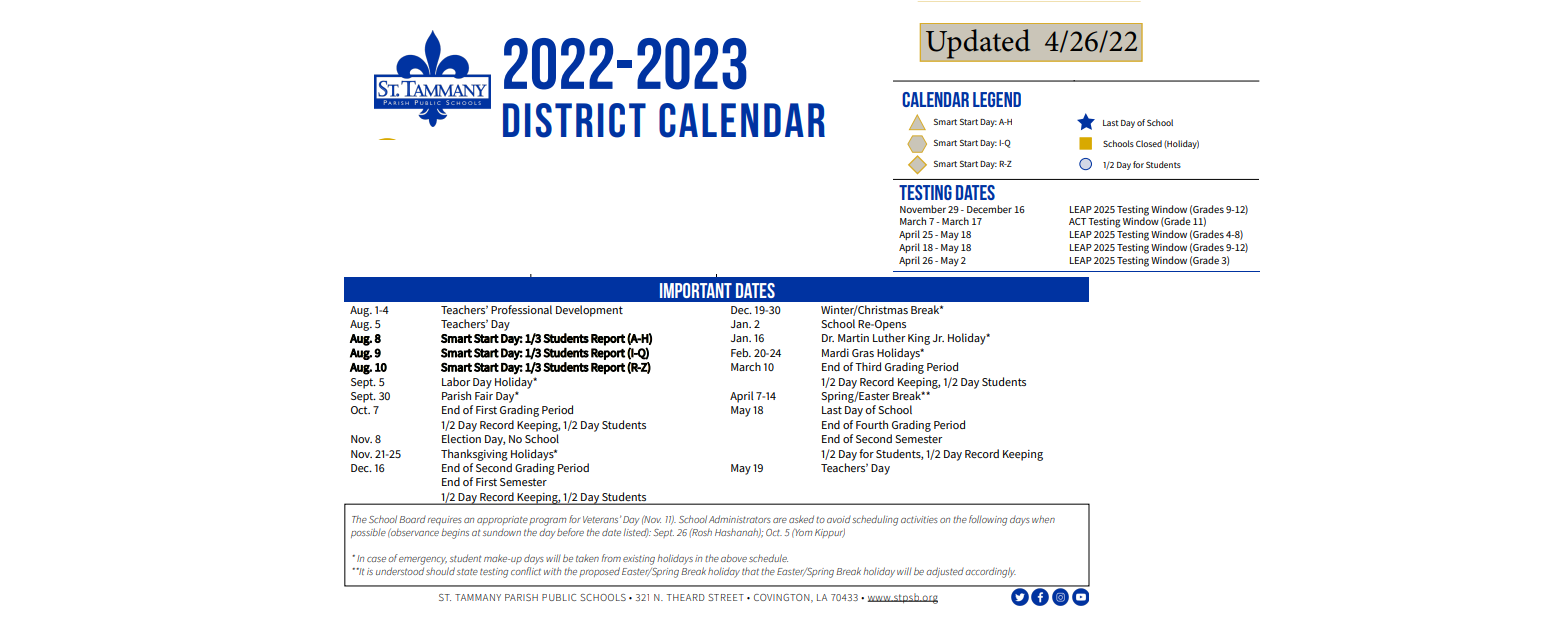 District School Academic Calendar Key for Tchefuncte Middle School