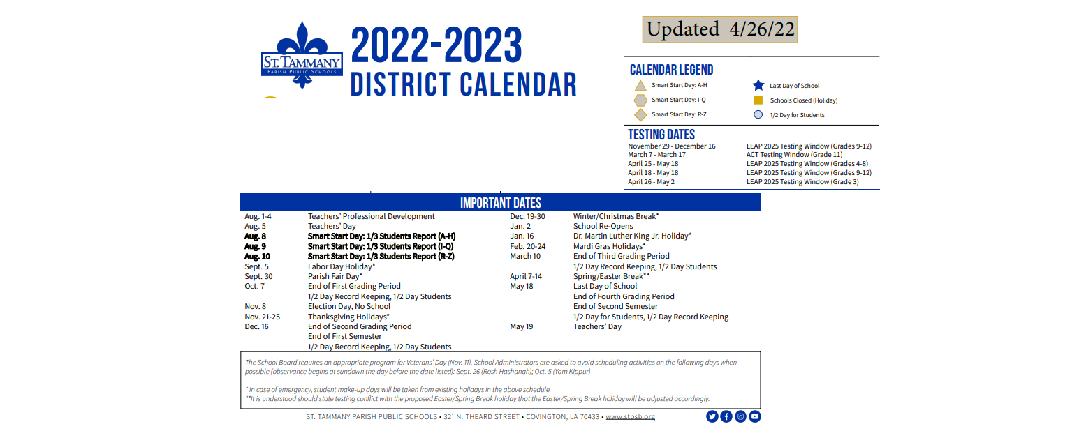 District School Academic Calendar Key for Pontchartrain Elementary School