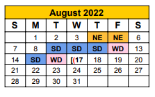 District School Academic Calendar for Stephenville J H for August 2022