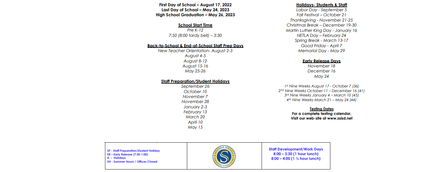 District School Academic Calendar Key for Travis El