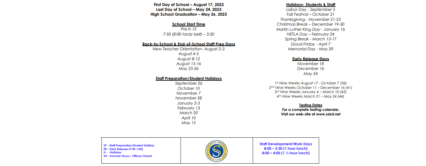 District School Academic Calendar Key for Bowie Elementary