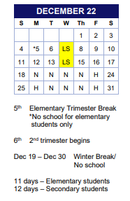 District School Academic Calendar for Alternative Spcl Needs Div Occ for December 2022