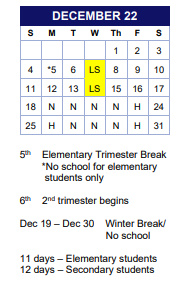 District School Academic Calendar for Comm Based Trans Program for December 2022