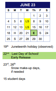 District School Academic Calendar for Grant for June 2023
