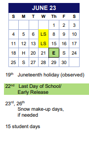 District School Academic Calendar for Comm Based Trans Program for June 2023