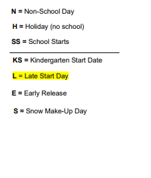District School Academic Calendar Legend for Comm Based Trans Program