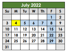 District School Academic Calendar for Taylor Alter Ctr for July 2022