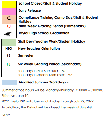 District School Academic Calendar Legend for Even Start