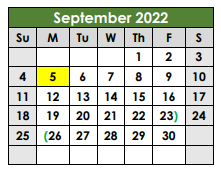 District School Academic Calendar for Even Start for September 2022