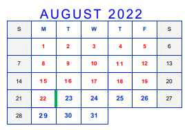 District School Academic Calendar for Meridith-dunbar Elementary for August 2022
