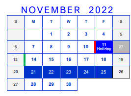 District School Academic Calendar for Bell County Nursing & Rehab Center for November 2022