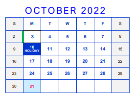 District School Academic Calendar for Bell County Nursing & Rehab Center for October 2022