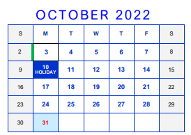 District School Academic Calendar for Cater Elementary for October 2022