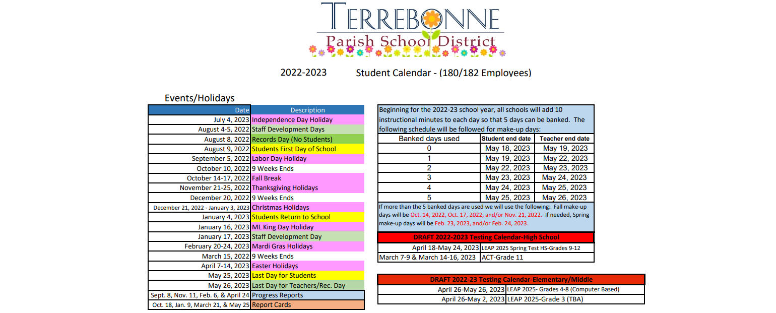 District School Academic Calendar Key for Boudreaux Canal/little Caillou School