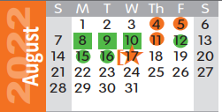 District School Academic Calendar for Dunbar Intermediate Center for August 2022