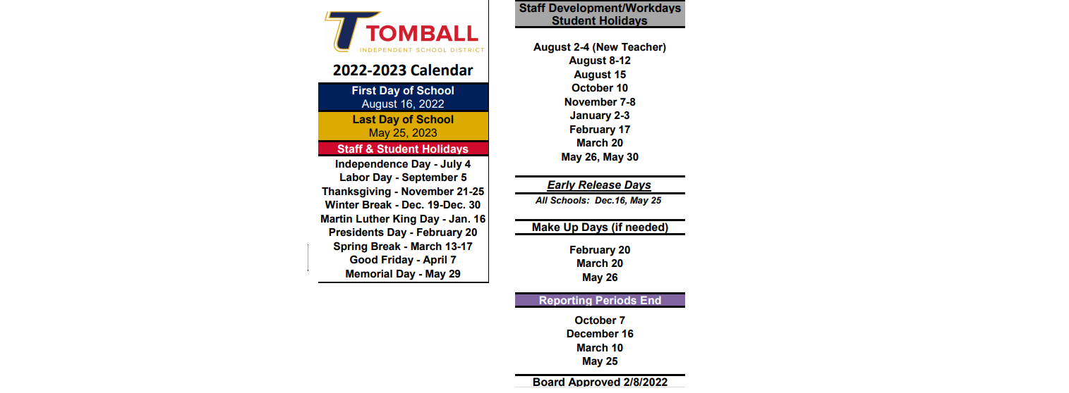 District School Academic Calendar Key for Tomball High School