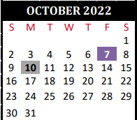 District School Academic Calendar for Tomball J J A E P Campus for October 2022