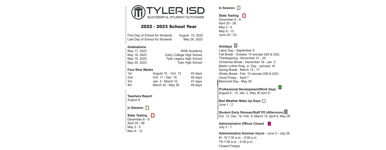 District School Academic Calendar Key for Bell Elementary