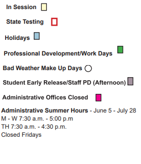 District School Academic Calendar Legend for Jim Plyler Instructional Complex