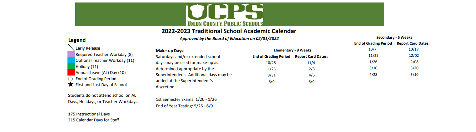 District School Academic Calendar Key for Union County Career Center
