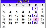 District School Academic Calendar for Valley View South Elementary for July 2022