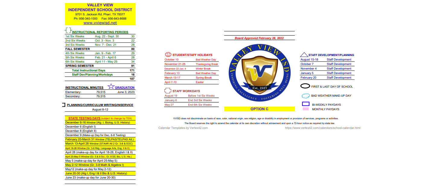 District School Academic Calendar Key for Valley View South Elementary