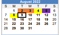 District School Academic Calendar for Martin De Leon Elementary for August 2022