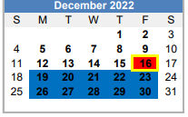 District School Academic Calendar for Homebound for December 2022