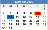 District School Academic Calendar for Homebound for October 2022