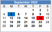 District School Academic Calendar for Homebound for September 2022