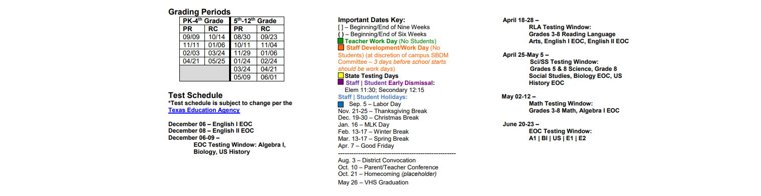 District School Academic Calendar Key for Vidor Middle