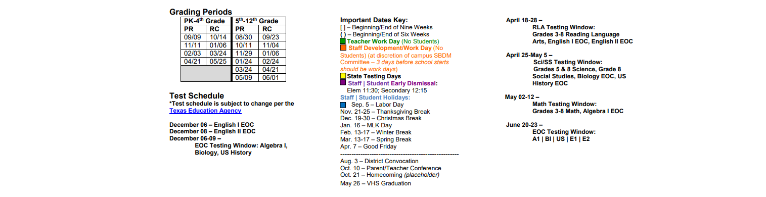 District School Academic Calendar Key for Vidor J H