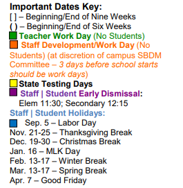 District School Academic Calendar Legend for Oak Forest Elementary