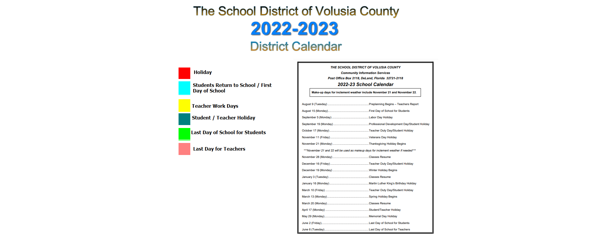 District School Academic Calendar Key for Spruce Creek High School