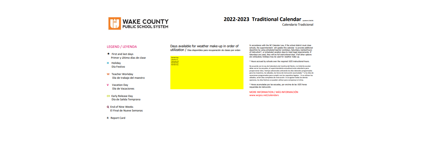 District School Academic Calendar Key for East Wake School Of Health Sci