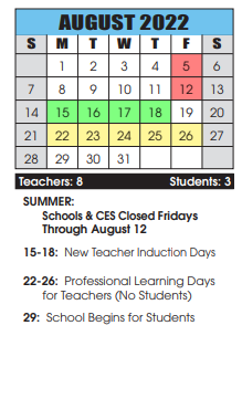 District School Academic Calendar for Cascade School for August 2022