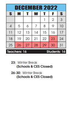 District School Academic Calendar for Conococheague Elementary for December 2022