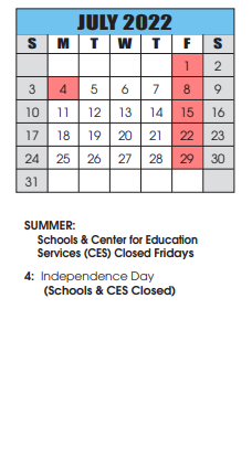 District School Academic Calendar for Eastern Elementary for July 2022