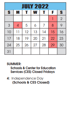 District School Academic Calendar for Pangborn Elementary for July 2022