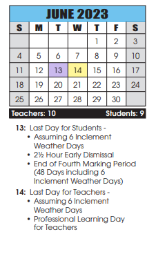 District School Academic Calendar for Bester Elementary for June 2023