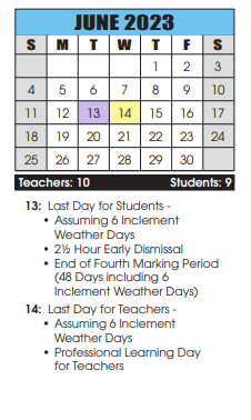 District School Academic Calendar for Marshall Street School for June 2023