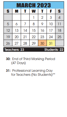 District School Academic Calendar for Washington County Job Development Center for March 2023