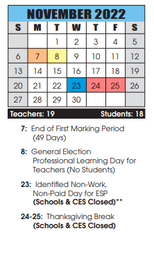 District School Academic Calendar for Cascade School for November 2022