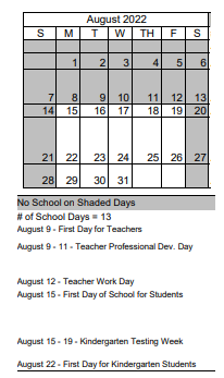 District School Academic Calendar for Regional Technical Institute for August 2022