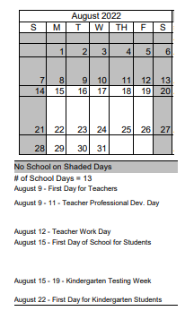 District School Academic Calendar for Sun Valley Elementary School for August 2022