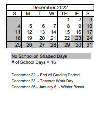 District School Academic Calendar for Robert Mcqueen High School for December 2022