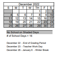 District School Academic Calendar for Washoe High School for December 2022