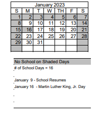 District School Academic Calendar for Jerry Whitehead Elementary School for January 2023