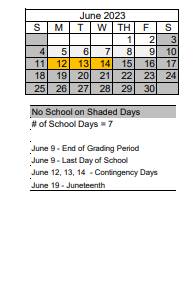 District School Academic Calendar for Sun Valley Elementary School for June 2023